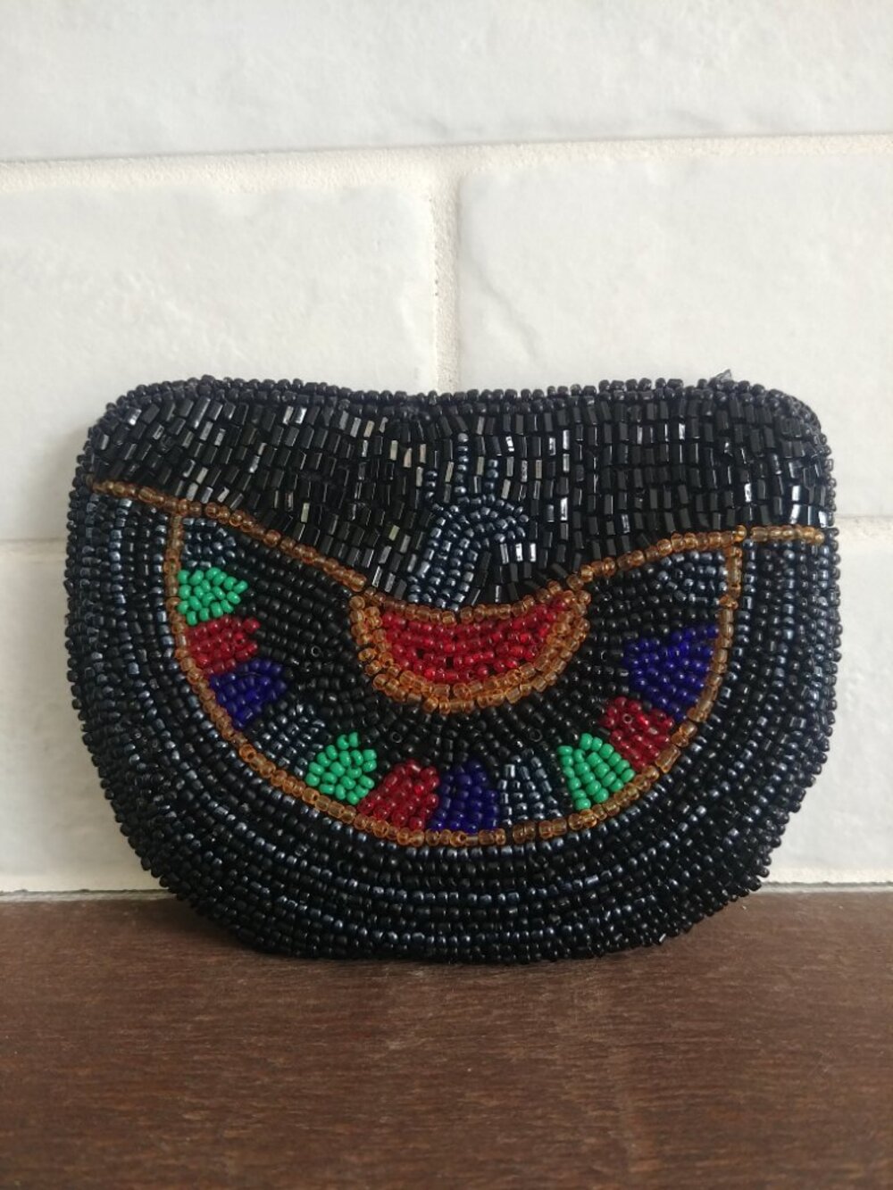 Intricate fully beaded mini bag wristlet coin purse black with red and green